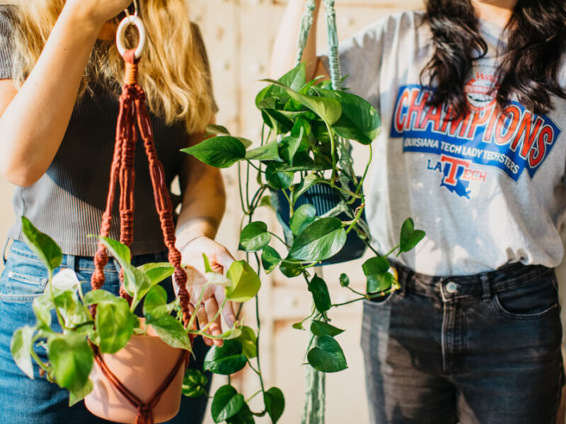 Two women hold up macrame plant pots with green plants in them